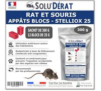SOLU’DÉRAT Appât Bloc Rats & Souris - Sachet 300g 12 Blocs - Rodenticide au Difénacoum 0,0025% - Usage extérieur Autour des habitations