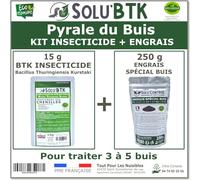 SoluBTK - Kit de Traitement Pyrale du Buis : Insecticide Biocontrôle BTK 15 g + Engrais Spécial Buis 250 g pour Chenilles et Régénération des Feuilles