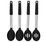 SOLUSTRE Cuillères Cuisine Résistantes à Chaleur en Silicone Noir Lot de 4 Douces pour Surfaces Antiadhésives, pour Mélanger et Égoutter Cuisine ou Pâtisserie