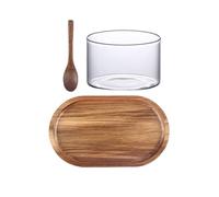 SOLUSTRE Plateau en Bois D'acacia Tasse en Verre et Cuillère Style Japonerie Ovale Plateau de Service Naturel Lisse pour Thé de -midi et Collations