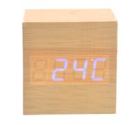 SOLUSTRE Réveil Miniature en Bois de Cube avec LED Bleue, Affichage Date Température, Commande Vocale, Alimentation USB et Batterie 4 AAA Intégrée