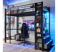 Solution complète de lit mezzanine moderne avec éclairage LED, station de recharge USB-C, tiroirs spacieux et espace de rangement astucieux en noir. 90x200cm, 4 tiroirs