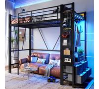 Solution moderne de lit mezzanine avec éclairage LED d'ambiance, grand espace de rangement avec tiroirs et système de suspension - 90x200cm, noir