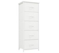 Somdot Commode de Rangement à 5 Tiroirs en Tissu, Blanc | Meuble de Rangement Chambre 30P x 42l x 114,5H, Cadre en Acier Robuste, Dessus Étanche, Glissières Fluides, Pieds Réglables