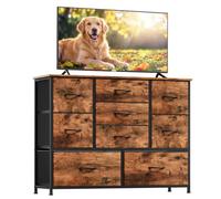 Somdot Commode haute à 9 tiroirs, support TV, large tour de rangement en tissu, cadre en acier robuste, organiseur de rangement pour chambre à coucher, salon, couloir, placards, imprimé grain de bois