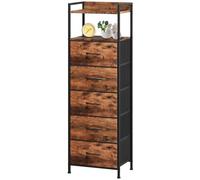 Somdot Commode Haute de Rangement avec 5 Tiroirs en Tissu, Marron | Rangement Salon 29P x 38,7l x 107H, Compartiment Ouvert, Cadre en Acier, Dessus Étanche, Glissières Fluides, Pieds Réglables