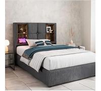 Sommier 90x200 cm en coton gris avec tête de lit connectée et coffre à vérin
