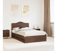 Sommier moderne Chêne brun 135x190 cm en bois d'ingénierie, avec tiroirs et tête de lit, offre un support solide et un espace de rangement caché.