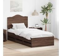 Sommier moderne de 90 x 200 cm en chêne marron en bois d'ingénierie, équipé de tiroirs de rangement, lattes rigides pour un maintien stable du matelas