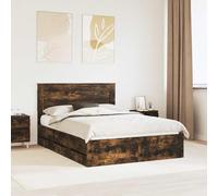 Sommier moderne en bois d'ingénierie 160x200 cm avec tête de lit et tiroirs cachés, base à lattes fixes, pieds carrés, facile à nettoyer.
