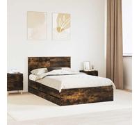 Sommier moderne en chêne fumé 135x190 cm en bois d'ingénierie, avec tiroirs de rangement et support à lattes fixe, offre un soutien stable au matelas