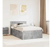 Sommier moderne gris béton 135x190 cm en matériaux à base de bois, équipé d'une tête de lit et de lattes rigides pour un maintien stable du matelas.