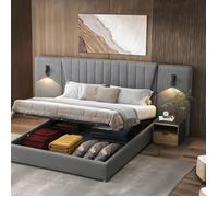 Sommier tapissier double 180x200 cm en velours gris, grand dossier extra-long, lampes de lecture USB, rangement hydraulique