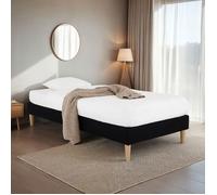 Sommier tapissier PAIMPOL 90 x 190 cm structure en bois et revêtement en tissu noir, cadre de lit avec pieds