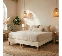 Sommier tapissier RENNES 180 x 200 cm structure en bois et revêtement en tissu blanc crème, cadre de lit avec pieds