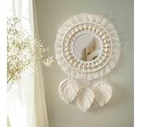 SOMYTING Miroir Mural à Franges en macramé Boho avec Pendentif en Plumes de Perles de Bois Miroir Rond d'art Mural pour Couloir De Chambre à Coucher Salon Décor à La Maison (Beige)