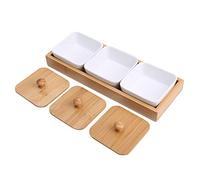 Sonew Assiette de Service d'apéritif en Céramique avec Couvercle de Plateau en Bambou pour Fruits, Noix, Desserts, Plateau à Collation à 3 Compartiments sans BPA,