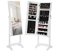 SONGMICS Armoire à Bijoux, Armoire de Rangement sur Pieds, avec Serrure, Miroir Toute-Longueur, 4 Étagères, Blanc JJC69WT