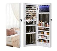 SONGMICS Armoire à Bijoux avec Miroir Long, Rangement Bijoux avec 6 Lampes LED, à Suspendre à la Porte ou à Fixer au Mur, Grande Capacité, 2 Tiroirs, Blanc JJC99WT
