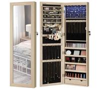 SONGMICS Armoire à Bijoux, Meuble de Rangement Mural pour Colliers, Boucles d’Oreilles, Placard à Accessoires, avec Miroir, Divers Compartiments, Verrouillable, Couleur Chêne JJC093M01