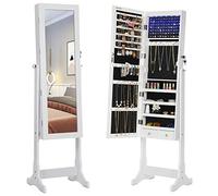 SONGMICS Armoire à Bijoux LED, Armoire de Rangement sur Pieds, avec Serrure, Miroir Toute-Longueur, 4 Étagères, 2 Tiroirs, Blanc JBC94W