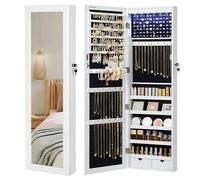 SONGMICS Armoire à Bijoux, Meuble de Rangement Mural pour Colliers, Boucles d’Oreilles, Placard à Accessoires, avec Miroir, Divers Compartiments, Verrouillable, Blanc JBC93W