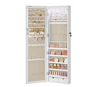 SONGMICS Armoire à Bijoux, Meuble de Rangement Mural pour Colliers, Boucles d’Oreilles, Placard à Accessoires, avec Miroir, Divers Compartiments, Verrouillable, Blanc et Doublure Grège JJC093W01