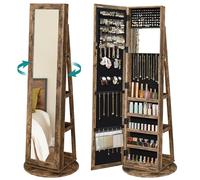 SONGMICS Armoire à Bijoux, Organisateur d Accessoires, avec Miroir Pleine Longueur, Pivotant à 360°, Étagère de Rangement, Verrouillable avec des Clés, pour Chambre, Marron Rustique JJC062K01