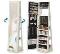 SONGMICS Armoire à Bijoux, Organisateur d’Accessoires, avec Miroir Pleine Longueur, Pivotant à 360°, Étagère de Rangement, Verrouillable avec des Clés, pour Chambre, Blanc Boisé Grisâtre JBC62W