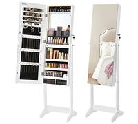 SONGMICS Armoire à Bijoux sur Pied, Rangement Bijoux avec Miroir Psyché Sans Cadre, Éclairage LED, Miroir de Maquillage Intégré, 2 Tiroirs, Verrouillable, Blanc Nuage JJC023W01