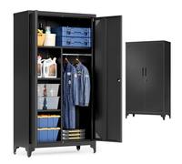 SONGMICS Armoire Polyvalente, Meuble de Rangement, Métallique, avec 2 Portes, 5 Compartiments, Tringle de Penderie, Verrouillable, Pieds Hauts, 80 x 40 x 165 cm, Noir Mat OMC018BD01