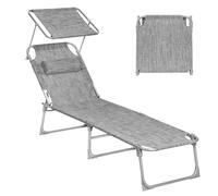 SONGMICS Bain de Soleil, Chaise Longue Pliable, 193 x 53 x 29 cm, Capacité de 150 kg, avec Pare-soleil, Appuie-Tête, Dossier Réglable, pour Jardin, Piscine, Terrasse, Grège GCB19T