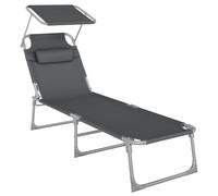 SONGMICS Bain de Soleil, Chaise Longue Pliable, 193 x 53 x 29 cm, Capacité de 150 kg, avec Pare-soleil, Appuie-Tête, Dossier Réglable, pour Jardin, Piscine, Terrasse, Gris Foncé GCB19UV1