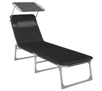 SONGMICS Bain de Soleil, Chaise Longue Pliable, 193 x 53 x 29 cm, Capacité de 150 kg, avec Pare-soleil, Matelas, Appuie-Tête, Dossier Réglable, pour Jardin, Piscine, Terrasse, Gris et Noir GCB193B01