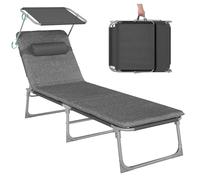 SONGMICS Bain de Soleil, Chaise Longue Pliable, 193 x 53 x 29 cm, Capacité de 150 kg, avec Pare-soleil, Matelas, Appuie-Tête, Dossier Réglable, pour Jardin, Piscine, Terrasse, Gris Foncé GCB19UM