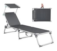 SONGMICS Bain de Soleil, Chaise Longue Pliable, Transat, 193 x 55 x 31 cm, Capacité de Charge 150 kg, avec Pare-soleil et Dossier Inclinable, pour Jardin, Piscine, Terrasse, Gris Foncé GCB19GYV1