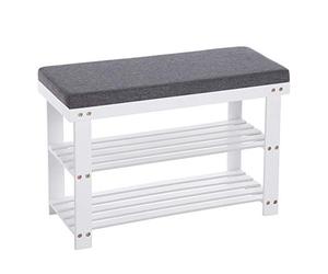 SONGMICS Banc à Chaussures en Bambou, Étagère à Chaussures à 2 Niveaux, Organisateur, Stable, pour entrée, Salon, Charge 150 kg, 71 x 29 x 49 cm, Blanc et Gris LBS604W01