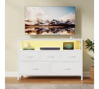 SONGMICS BELLAH Collection - Commode Chambre, Meuble de Rangement, Éclairage LED Réglable, Multiprise, 1 Étagère, 5 Tiroirs, Style Moderne, Blanc Nuage LGS723WH01
