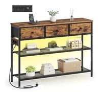 SONGMICS BELLAH Collection - Table Console avec Multiprise, Bout de Canapé Fin, Table d’Entrée avec Éclairage LED, Salon, Couloir, 30 x 98,8 x 78,7 cm, 3 Tiroirs en Tissu, Marron Rustique LGS198K102