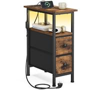 SONGMICS BELLAH Collection - Table d’Appoint, Table de Chevet avec Multiprise Intégrée, Éclairage LED, 2 Tiroirs, Bout de Canapé, Salon, Chambre, Marron Rustique LGS002K102