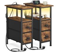 SONGMICS BELLAH Collection - Table d’Appoint, Table de Chevet avec Multiprise Intégrée, Éclairage LED, 2 Tiroirs, Bout de Canapé, Salon, Chambre, Lot de 2, Marron Rustique LGS012K102