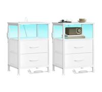 SONGMICS BELLAH Collection - Table de Chevet avec Multiprise, Table d'Appoint avec Éclairage LED Réglable, Style Moderne, 1 Étagère Ouverte et 2 Tiroirs, Lot de 2, Blanc Nuage LGS202W102