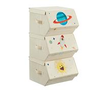 SONGMICS Boîte à Jouets Enfants, Lot de 3, Coffre de Rangement, Bac, Panier, Empilables, Pliables, avec Poignées, Couvercle Magnétique, Chambre d'Enfant, Salle de Jeux, Thème Espace, Beige RLB700M01