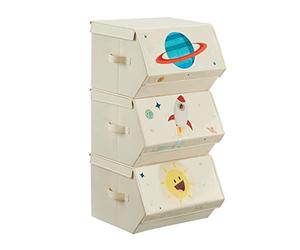SONGMICS Boîte à Jouets Enfants, Lot de 3, Coffre de Rangement, Bac, Panier, Empilables, Pliables, avec Poignées, Couvercle Magnétique, Chambre d'Enfant, Salle de Jeux, Thème Espace, Beige RLB700M01