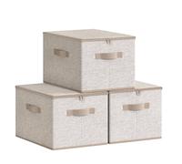 SONGMICS Boîte de Rangement, Pliable, avec Couvercle, Poignées, Coffre, Panier, pour Vêtements, Chaussres, en Tissu Non-tissé, Lot de 3, 40 x 30 x 25 cm, Beige Sable RZB003K01