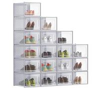 SONGMICS Boîtes à Chaussures, Rangement Chaussures en Plastique, Pliables et Empilables, pour Pointure Jusqu’à 47, Lot de 18, Transparent et Gris Tourterelle LSP077G18