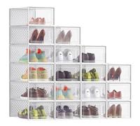 SONGMICS Boîtes à Chaussures, Rangement Chaussures en Plastique, Pliables et Empilables, pour Pointure Jusqu’à 43, Lot de 18, Transparent et Blanc Nuage LSP066W18