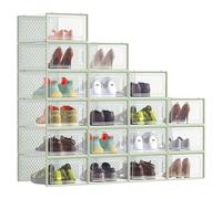SONGMICS Boîtes à Chaussures, Rangement Chaussures en Plastique, Pliables et Empilables, pour Pointure Jusqu’à 43, Lot de 18, Transparent et Vert Olive LSP066C18