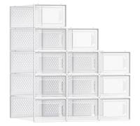 SONGMICS Boîtes à Chaussures, Rangement Chaussures en Plastique, Pliables et Empilables, pour Pointure Jusqu’à 43, Lot de 12, Transparent et Blanc Nuage LSP066W12