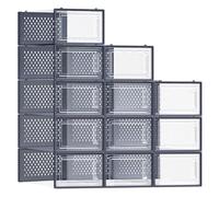 SONGMICS Boîtes à Chaussures, Rangement Chaussures en Plastique, Pliables et Empilables, pour Pointure Jusqu’à 43, Lot de 12, Transparent et Bleu Charbon LSP066Q12